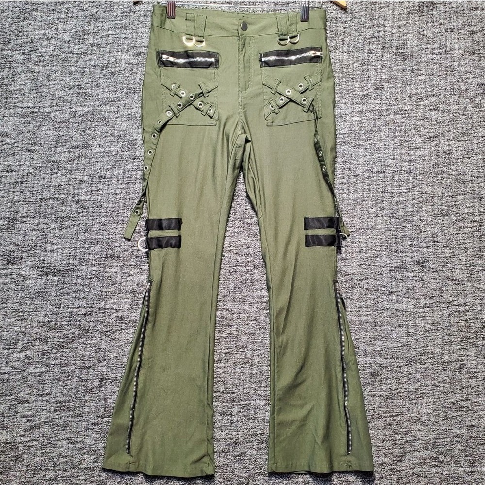 Cargo Flare Pants Women Size M Olive Green Punk Gothic Cyber Y2K Streetwear